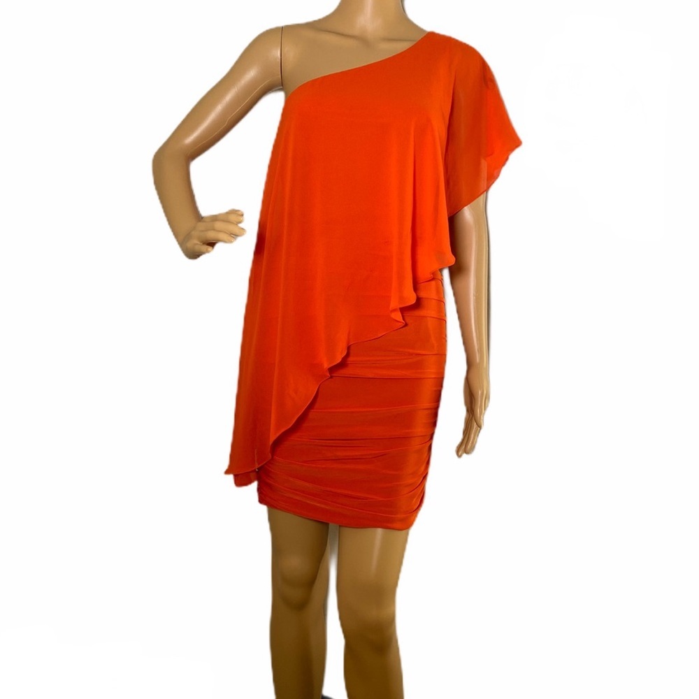 Bebe•One Shoulder Overlay Ruched Dress.